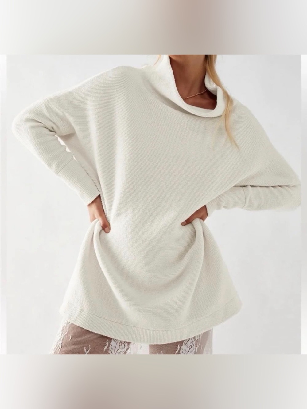 🤍 Free People Ottoman Slouchy Tunic Sweater Cream Ribbed Mock Neck Medium 🤍